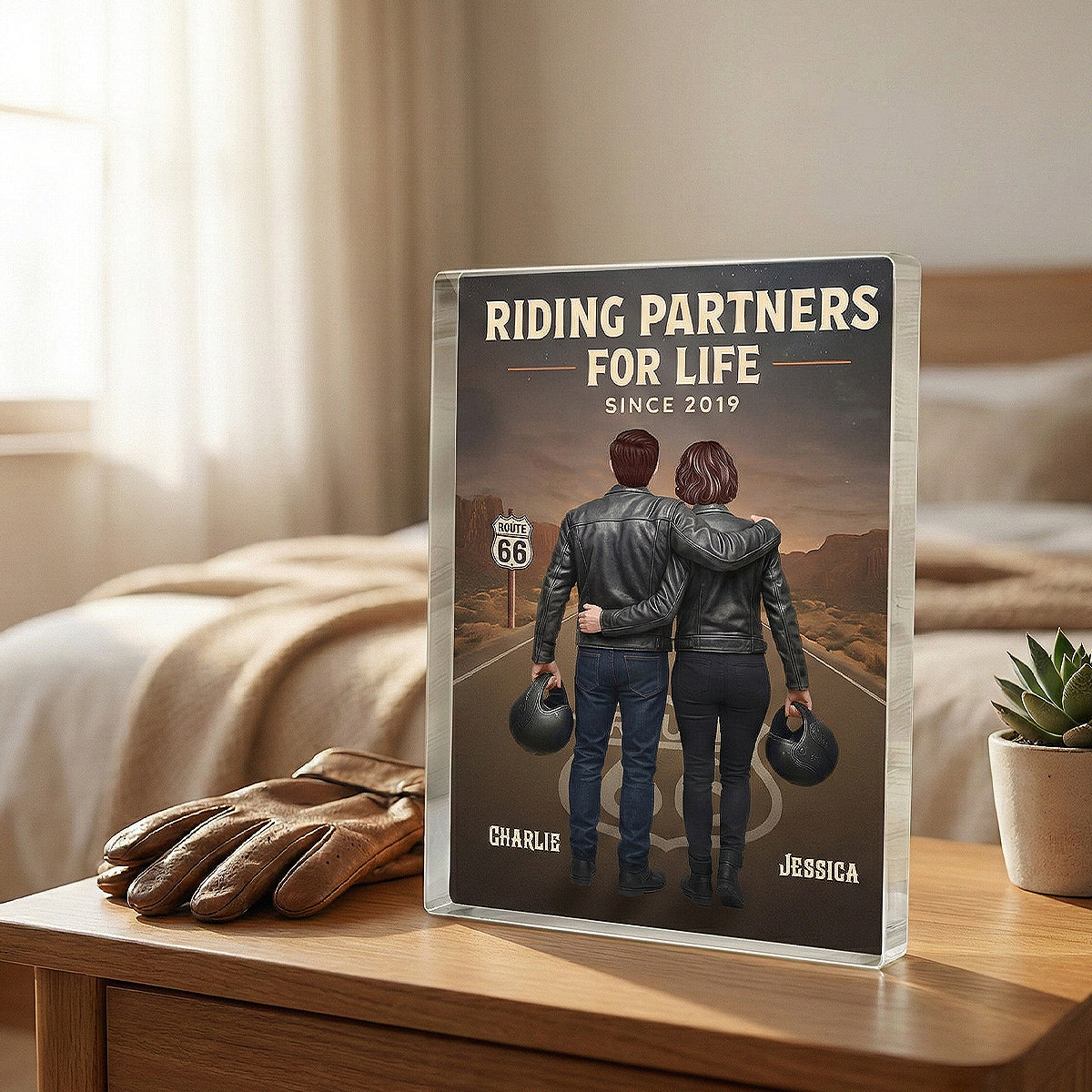 Eternal Love Back View Biker Couple Riding Partners For Life - Personalized Acrylic Block Plaque - Gift For Couple, Bikers, Gift For Him, For Her