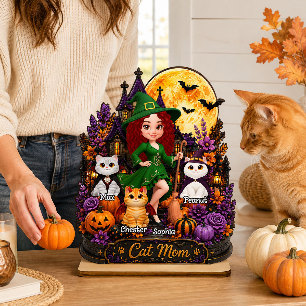 Cat Mom Witch Haunted House Moon - Personalized 2-Layered Wooden Plaque - Halloween Decor Gift, Gift For Cat Lovers