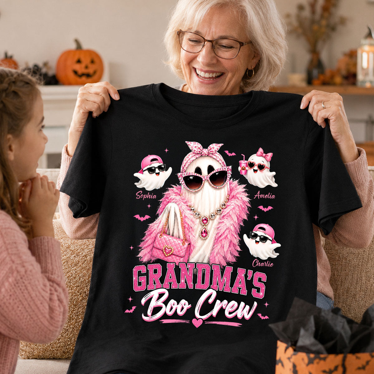 Grandma's Boo Crew Glam Ghost - Personalized Shirt - Halloween Gift for Grandma, Summerween