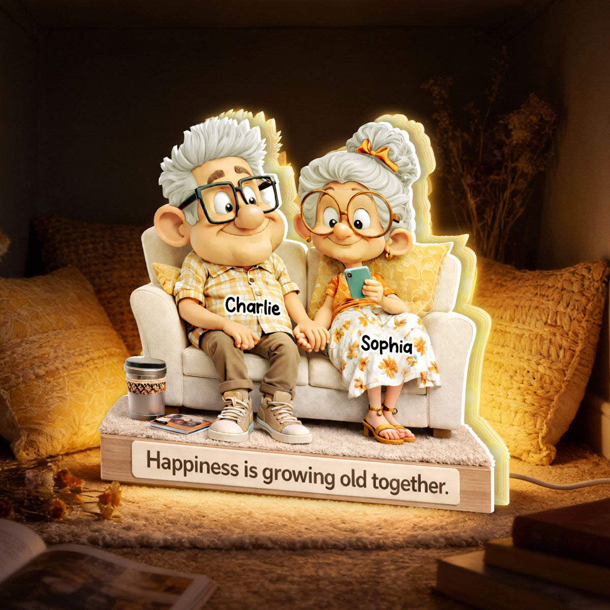Cute Senior Couple On Couch - Personalized Light Box - Heartfelt Anniversary, Valentine's Day Gift, Gift For Him, Gift For Her