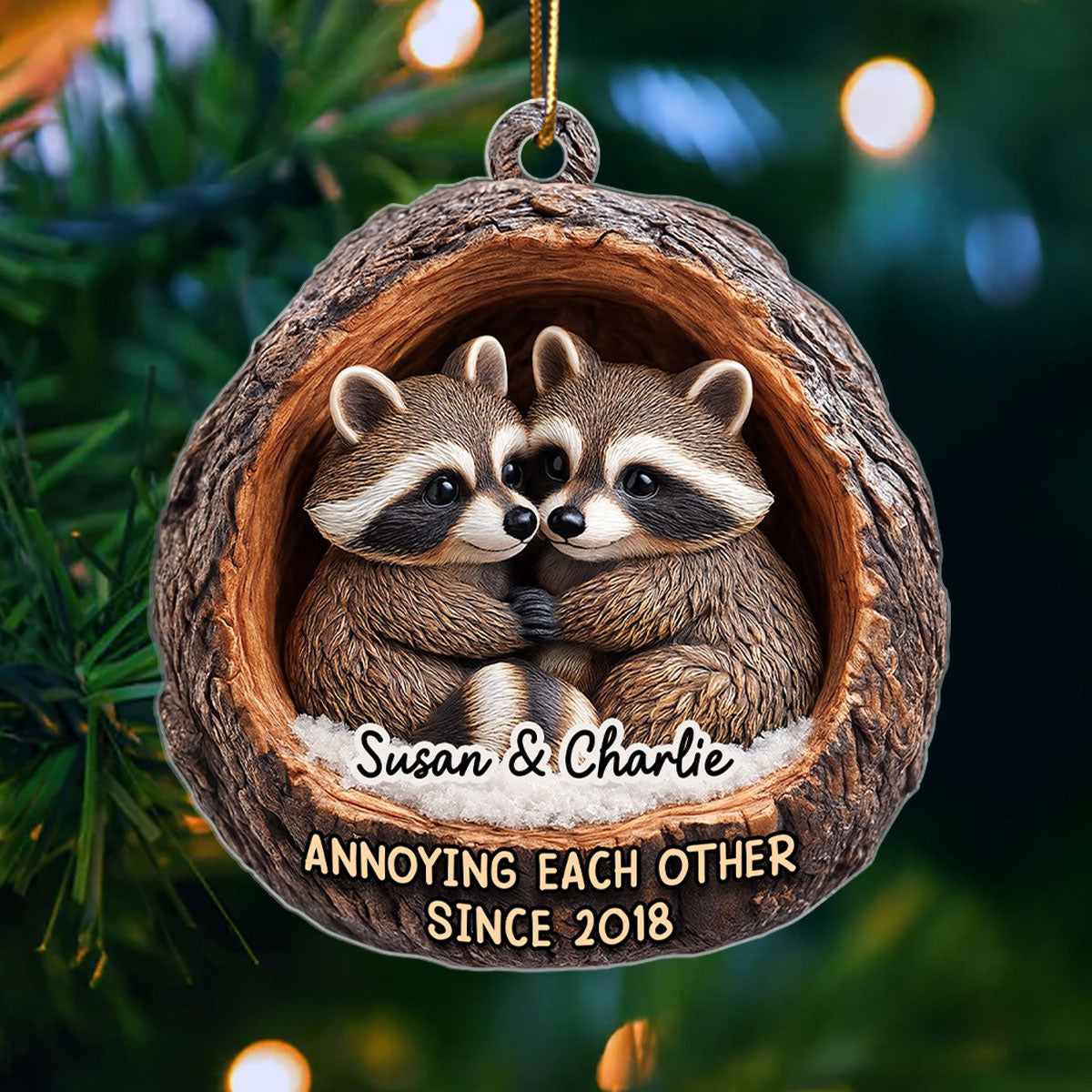 Funny Raccoon Couple Annoying Each Other 3D Wooden Effect - Personalized Acrylic Ornament - Christmas Gift for her, Gift for him