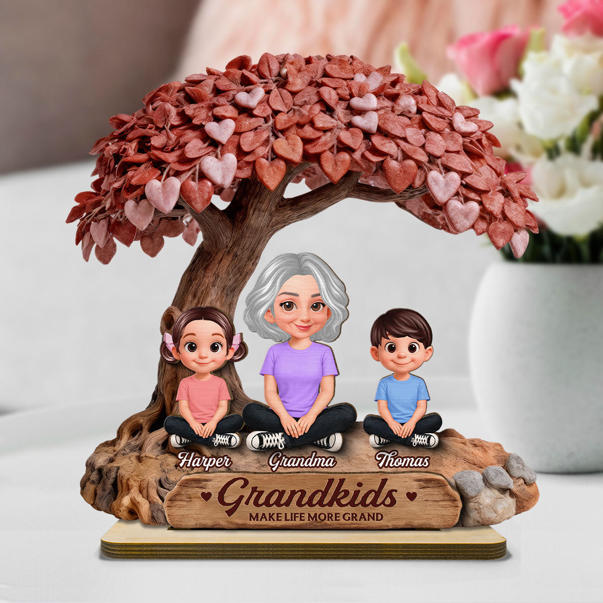 Grandma And Grandkids Under Heart Tree - Personalized 2-Layered Wooden Plaque - Gift For Grandma