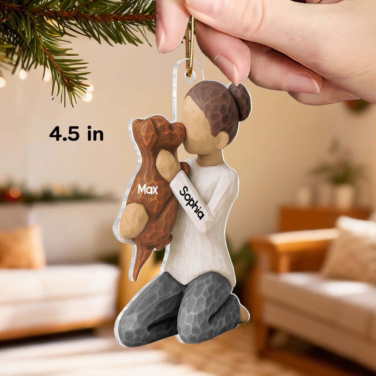 3D Effect Boy Girl Hugging Dog - Personalized Wooden Ornament - Christmas Gift For Dog Lovers