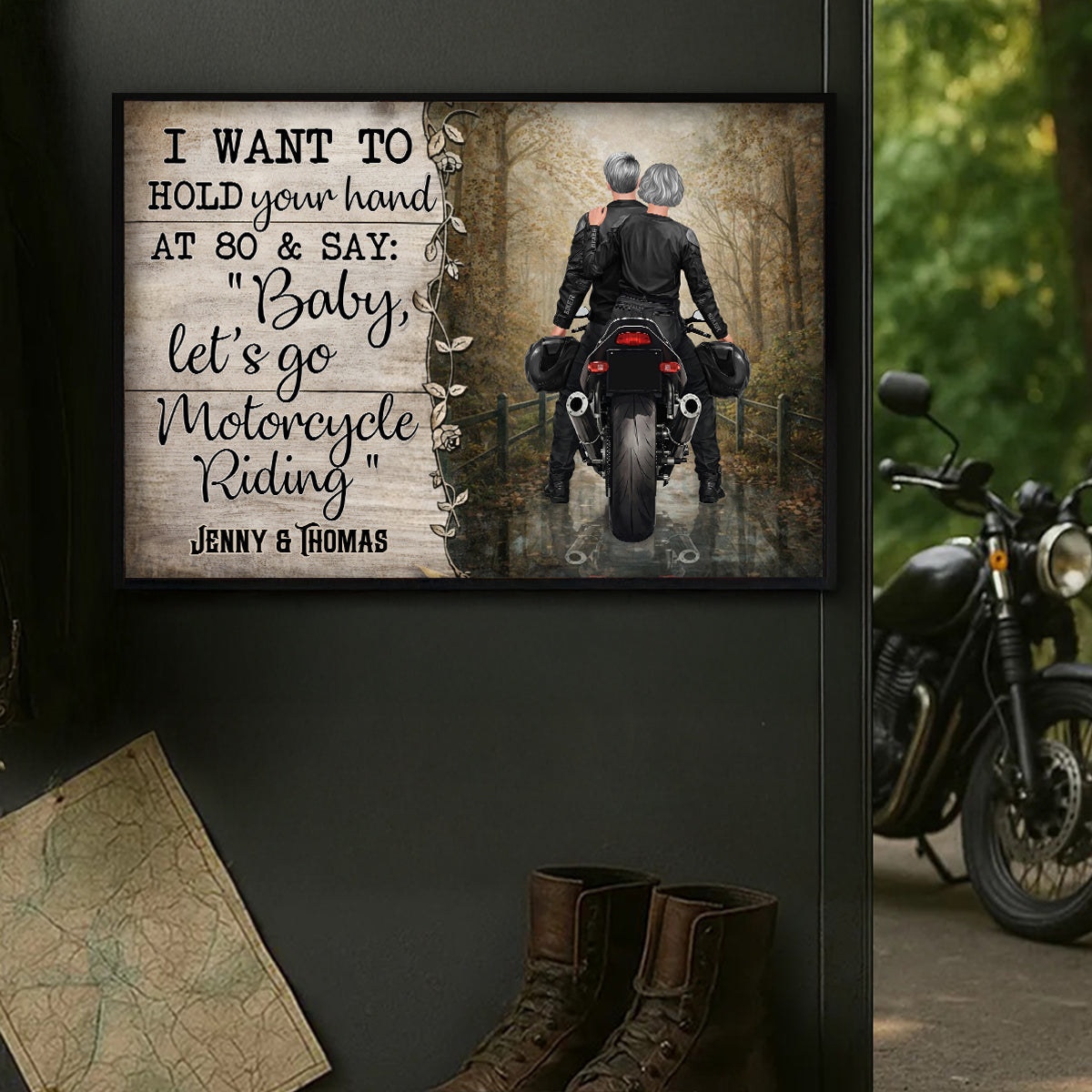 Hold Your Hand at 80s and Go Motorcyle Riding Biker Couples - Personalized Poster - Anniversary Gift for him, for her
