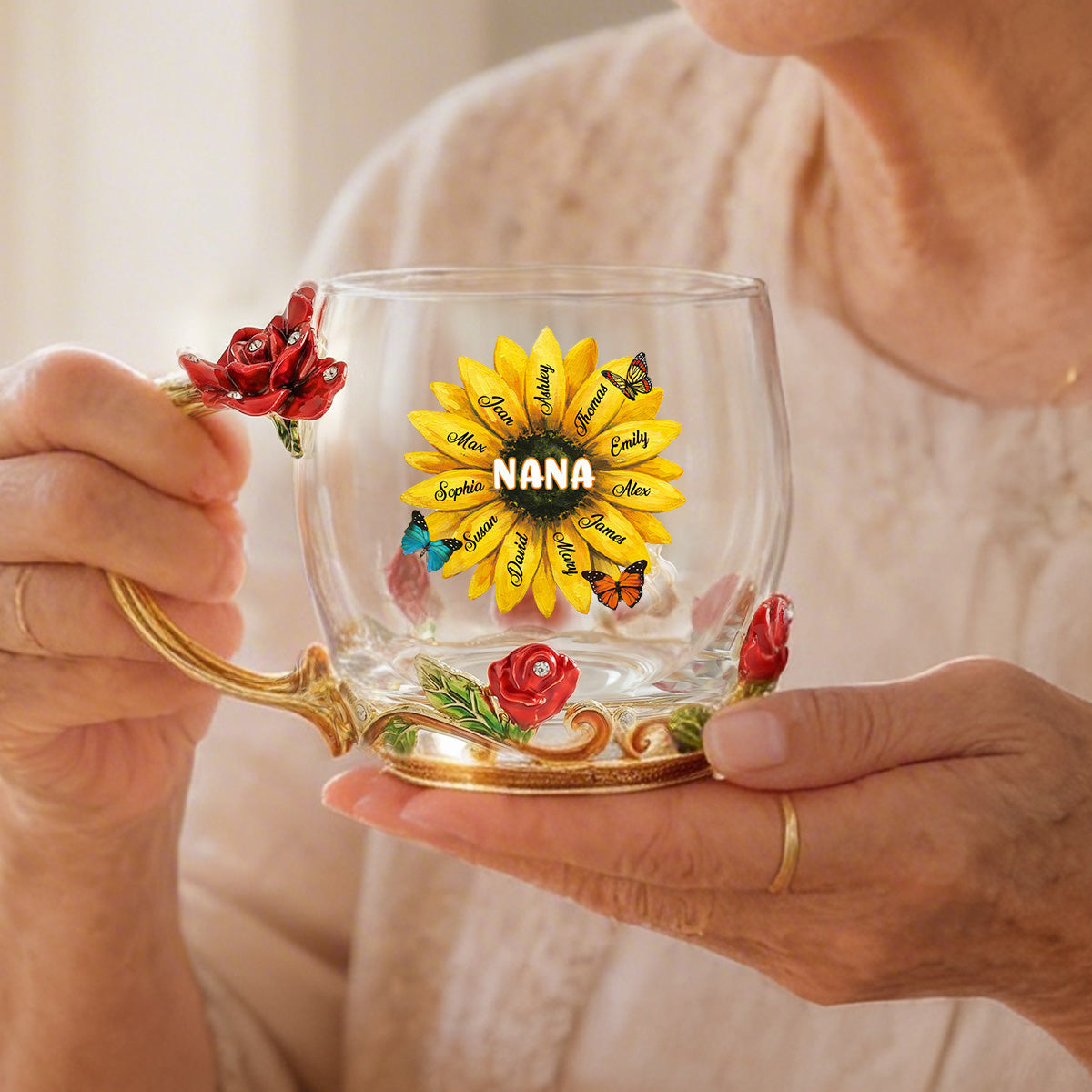 Grandma Sunflower Custom Kids Names - Personalized Enamel Flower Tea Cup - Gift For Grandma, Mom