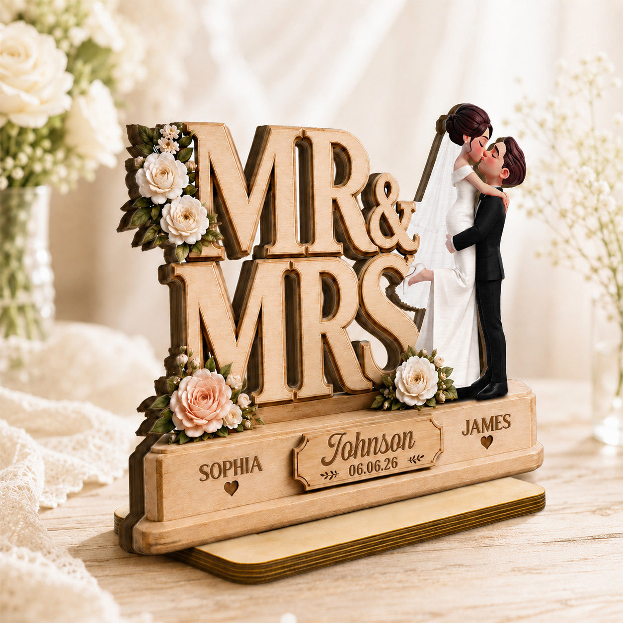 Mr & Mrs 2D Flat - Personalized Wooden Plaque - Wedding Gift, Wedding Decoration, Anniversary Gift, Newlywed Gift