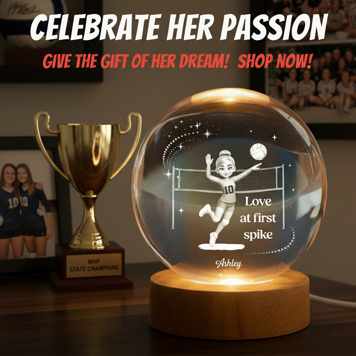 Love At First Spike Volleyball Player - Personalized Crystal Ball LED Night Light - Gift For Volleyball Players