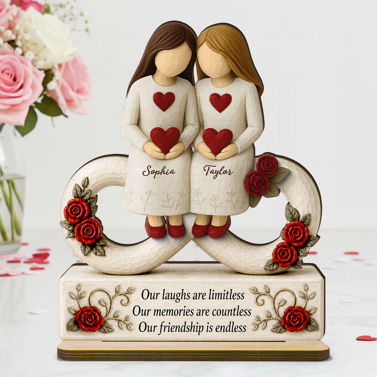 Roses Besties Infinity Our Friendship Is Endless - Personalized 2-Layered Wooden Plaque - Birthday Gift, Gift For Best Friends