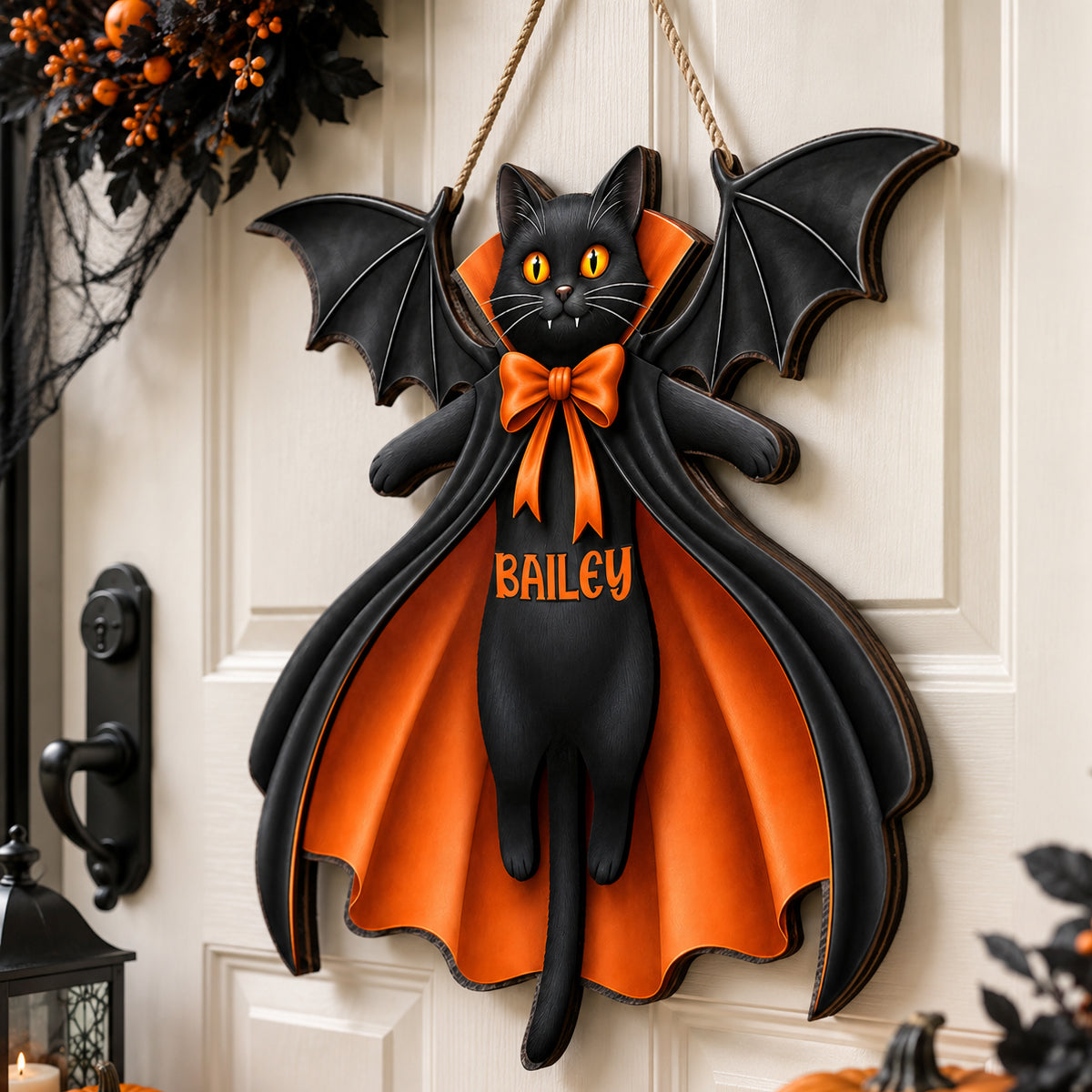 Halloween Cat Vampire - Personalized Wooden Door Sign - Gothic Decor for Cat Lovers