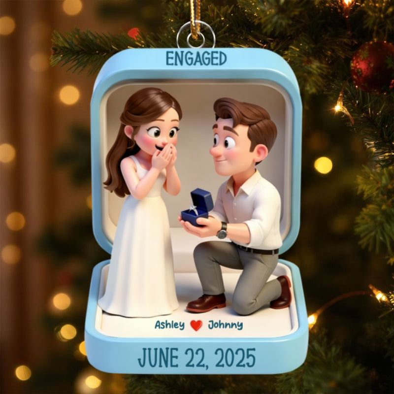 Cute Cartoon Couple 1st Christmas Engaged - Personalized Acrylic Ornament - Proposal Keepsake