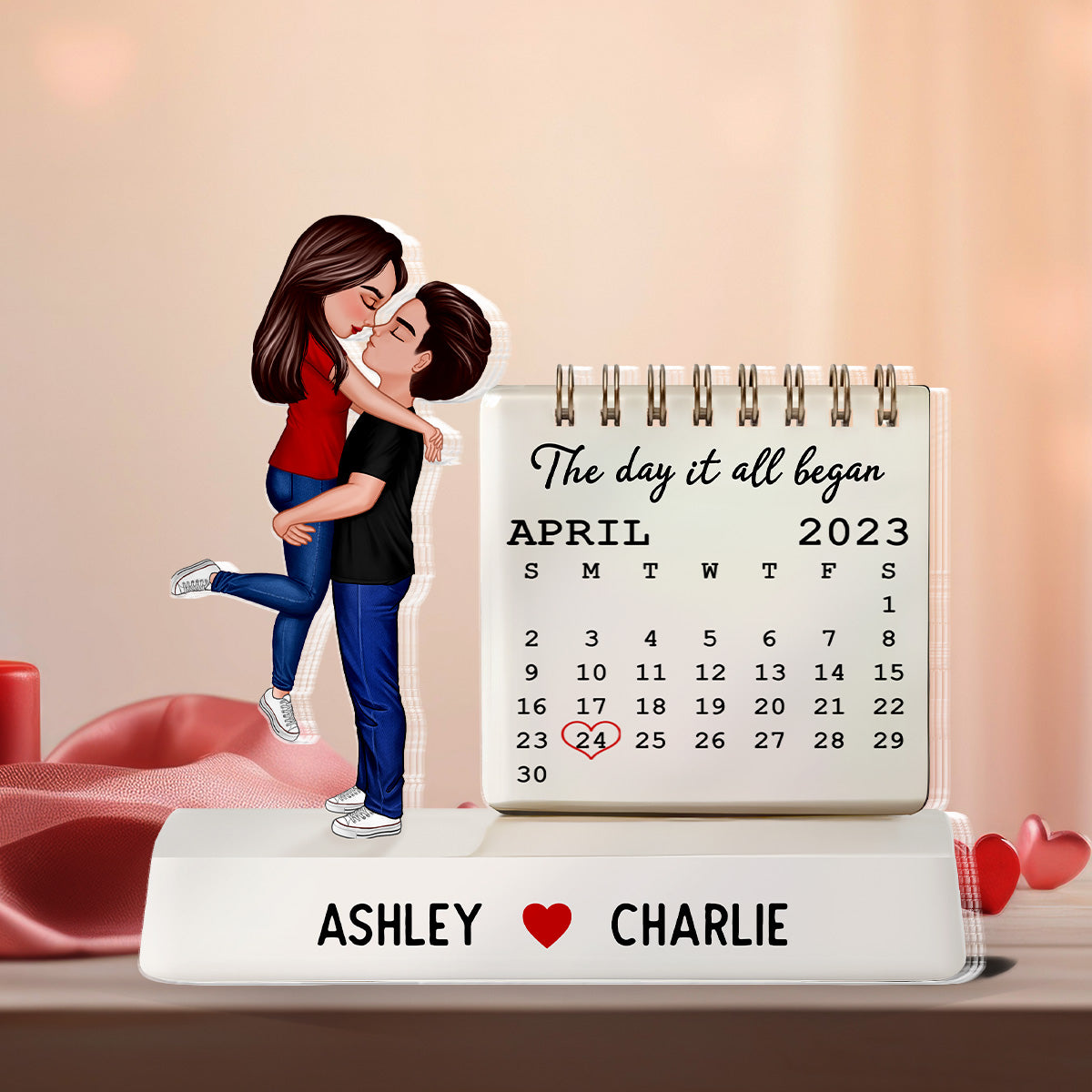 Couple Hugging Kissing The Day Our Story Began Couple Anniversary Calendar 2D Flat - Personalized Acrylic Block Plaque