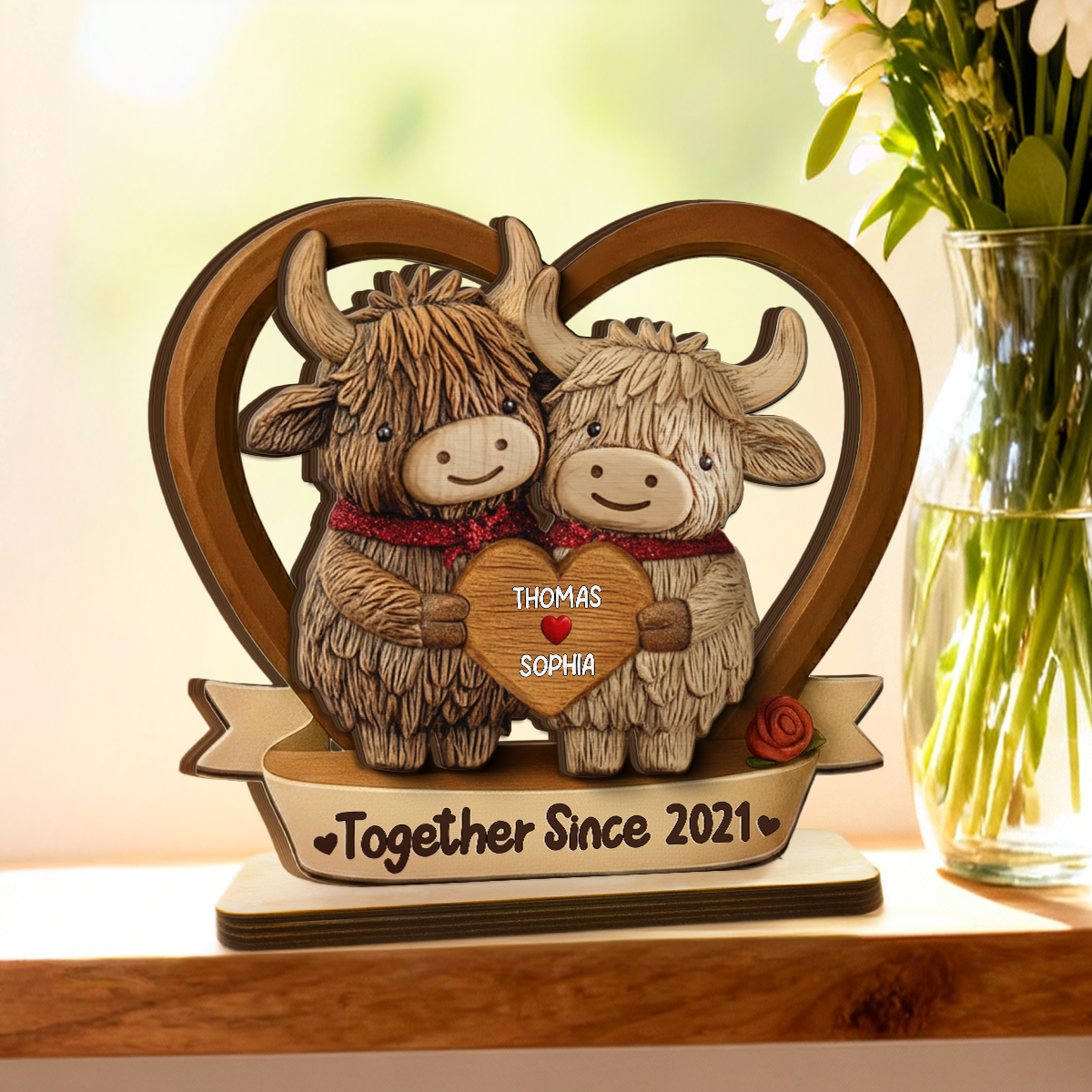 3D Effect Highland Cows Couple Heart - Personalized 2-Layered Wooden Plaque - Perfect Valentine's Day Gift For Him, Gift For Her