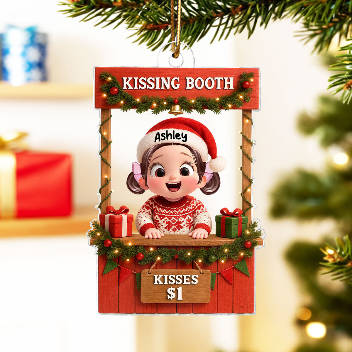 Cute Kid in Kissing Booth - Personalized Acrylic Ornament - Unique Christmas Gift for Kids, Grandkids