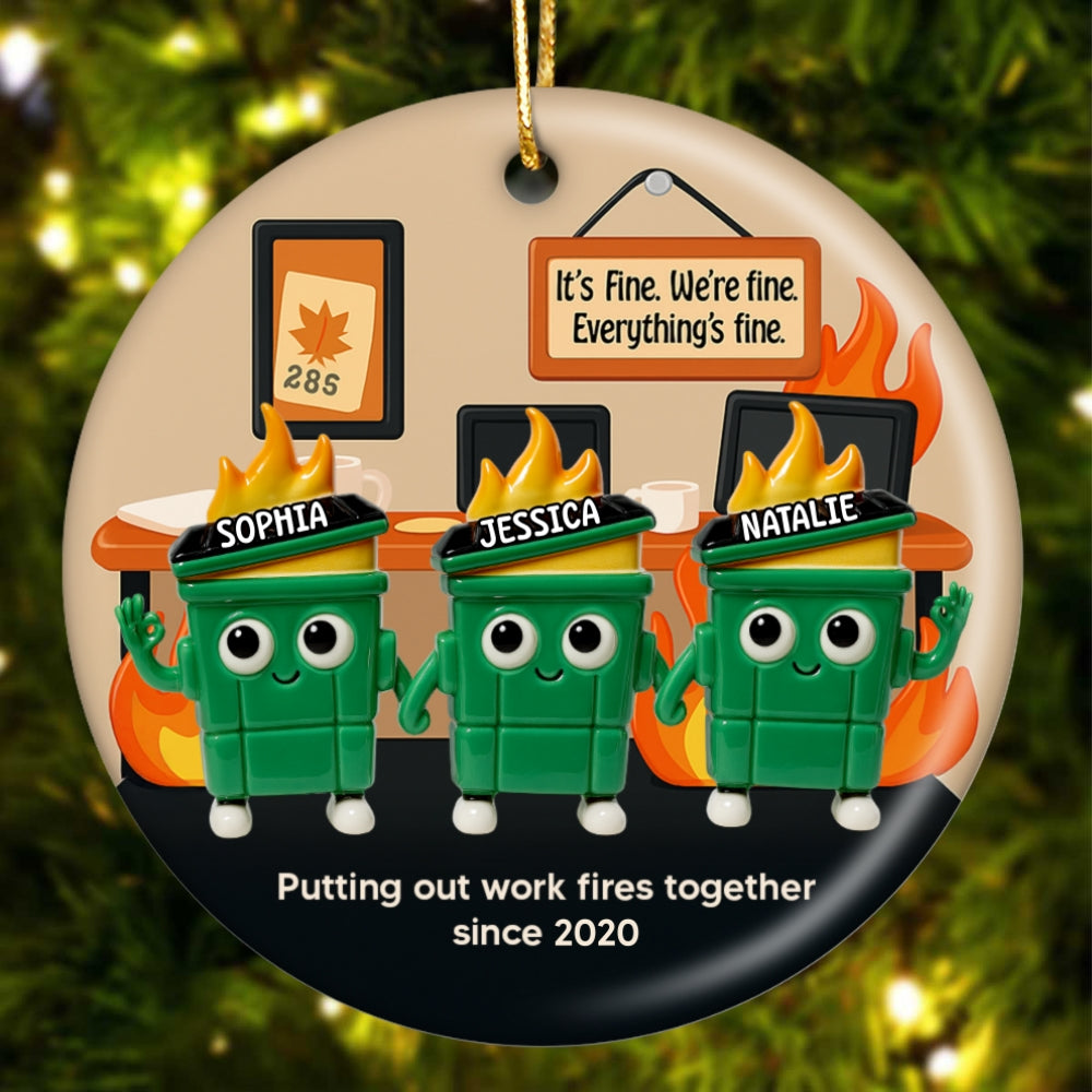 3D Effect Dumpster Fires In Office Scene - Personalized Ceramic Ornament - Funny Gift For Colleagues, Work Besties
