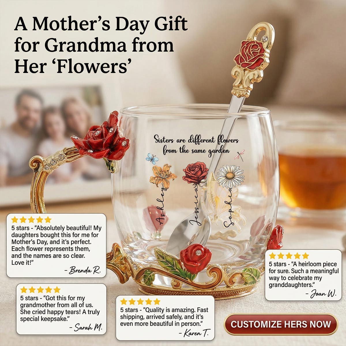 Sisters Are Flowers From Same Garden Custom Birth Month Flowers - Personalized Enamel Flower Tea Cup - Gift For Sisters