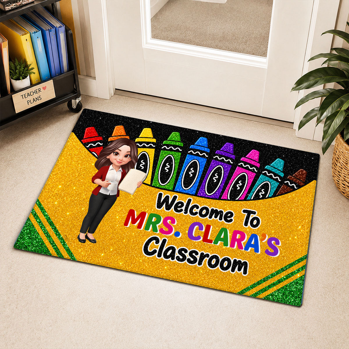 Teacher Happy Crayon Box Welcome To Classroom - Personalized Doormat - Back To School Gift For Teacher, Classroom Decor