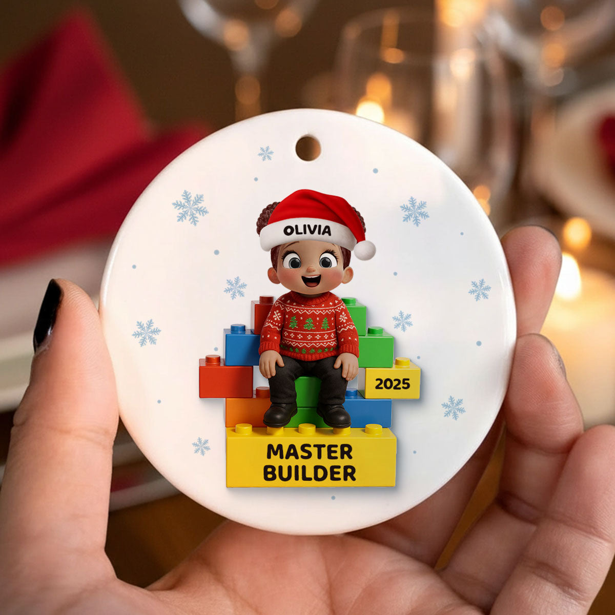 3D Effect Little Kid Master Builder Christmas - Personalized Ceramic Ornament - Christmas Gift For Grandkids, Grandson, Granddaughter