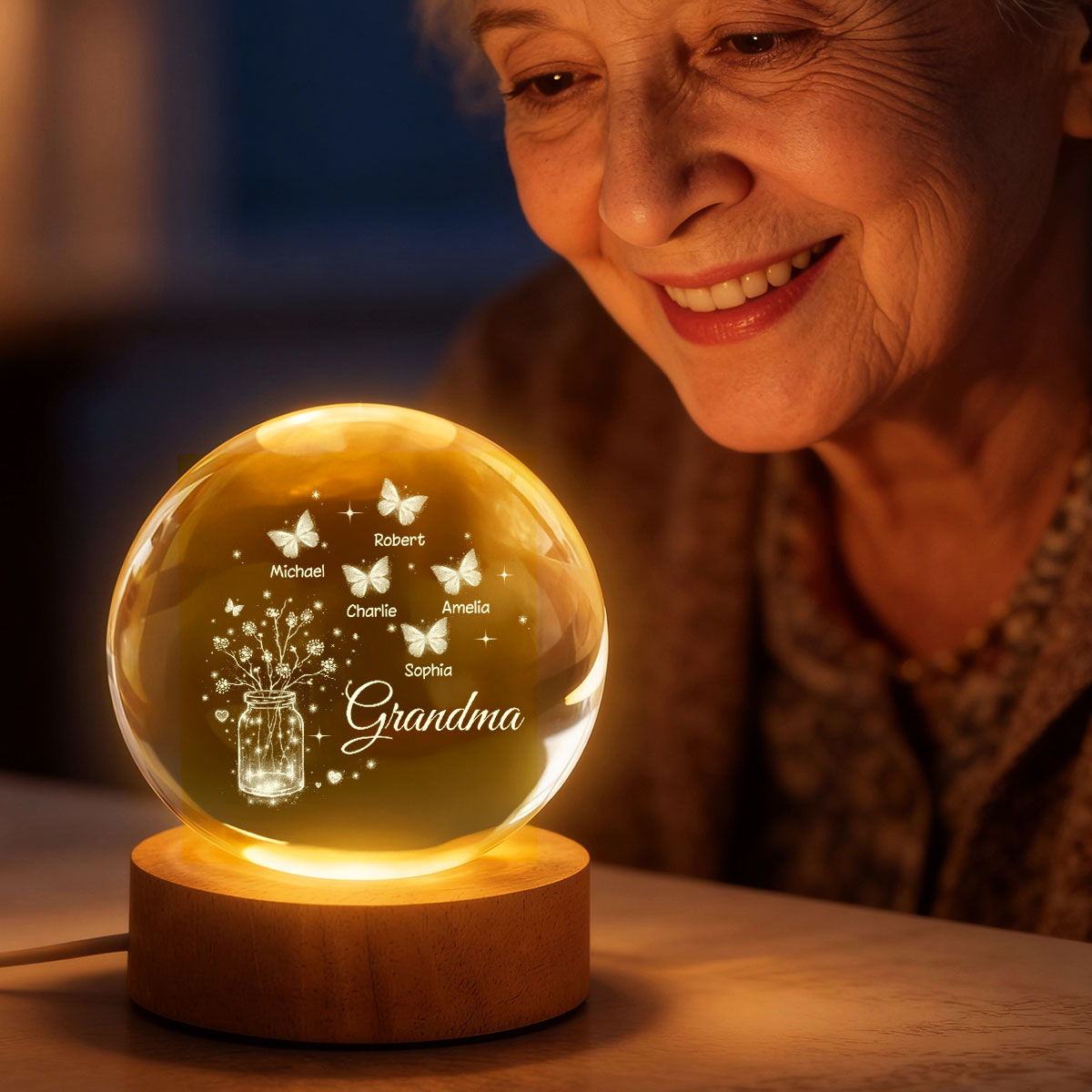 Grandma Butterfly Flower Jar - Personalized Crystal Ball LED Night Light - Sentimental Gift for Grandma