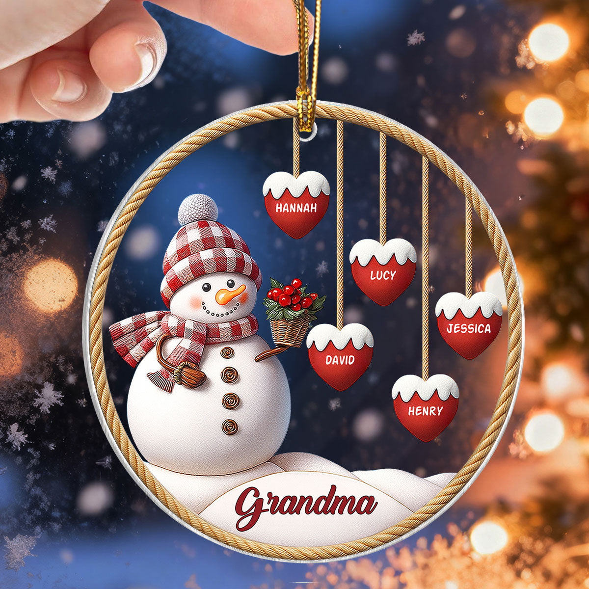 3D Effect Grandma Snowman With Grandkids Name - Personalized Acrylic Ornament - Christmas Decor For Grandma