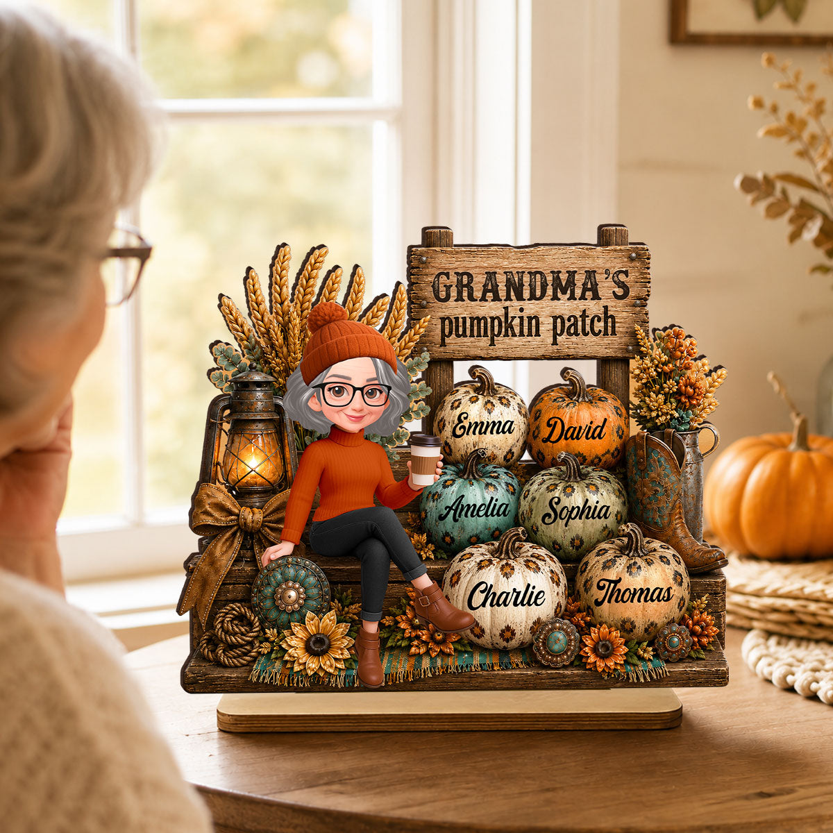 Grandma Pumpkin Patch Western Fall Vibe - Personalized 2-Layered Wooden Plaque - Fall Gift for Grandma