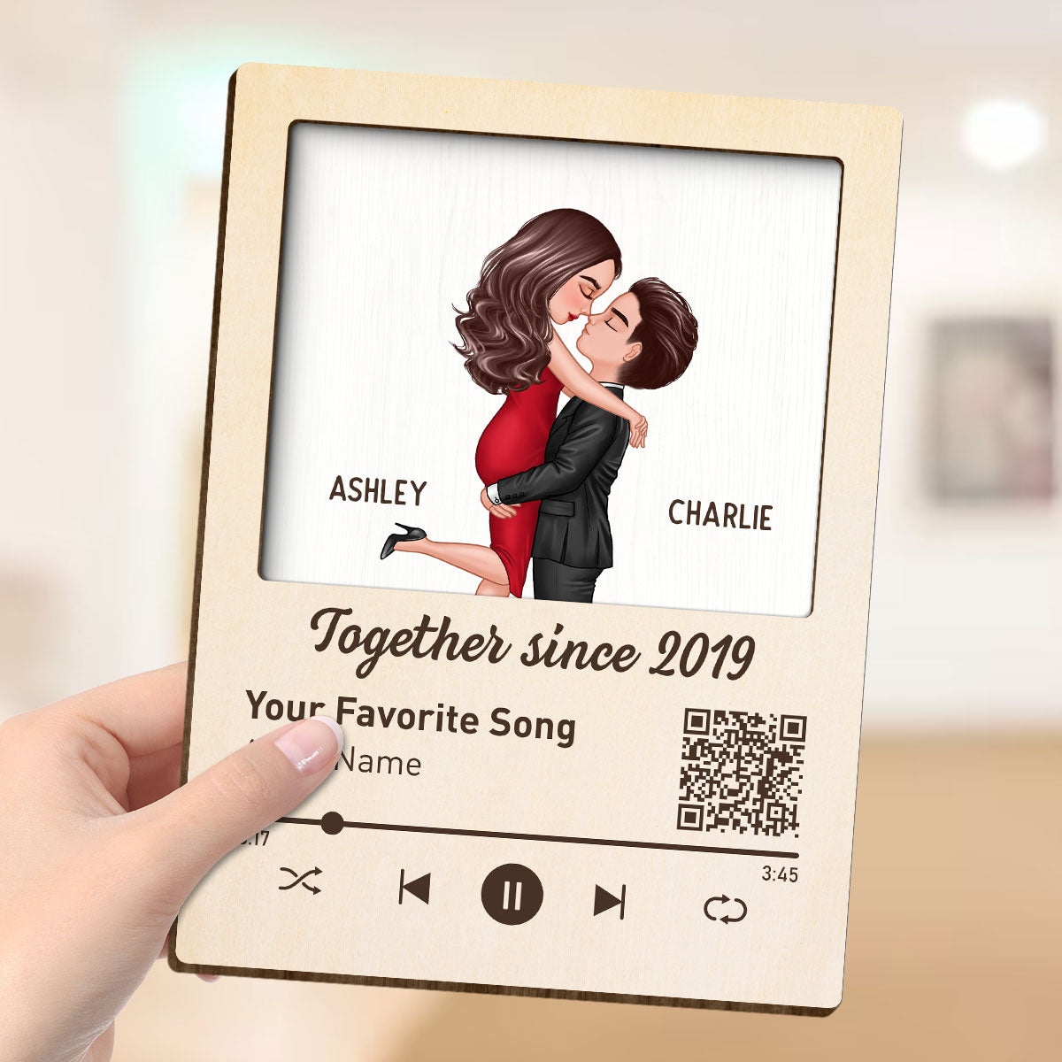 Couple Kissing Favorite Song QR Code  Gift Personalized 2-layer Wooden Plaque