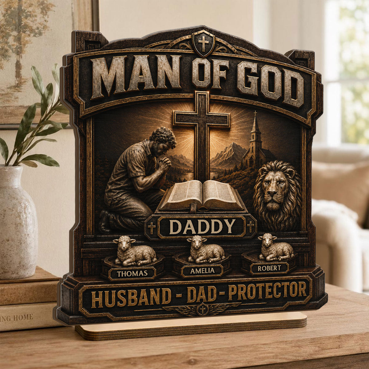 Man Of God - Personalized 2-Layered Wooden Plaque -  Gift For Dad, Husband, Grandpa, Christian Dad