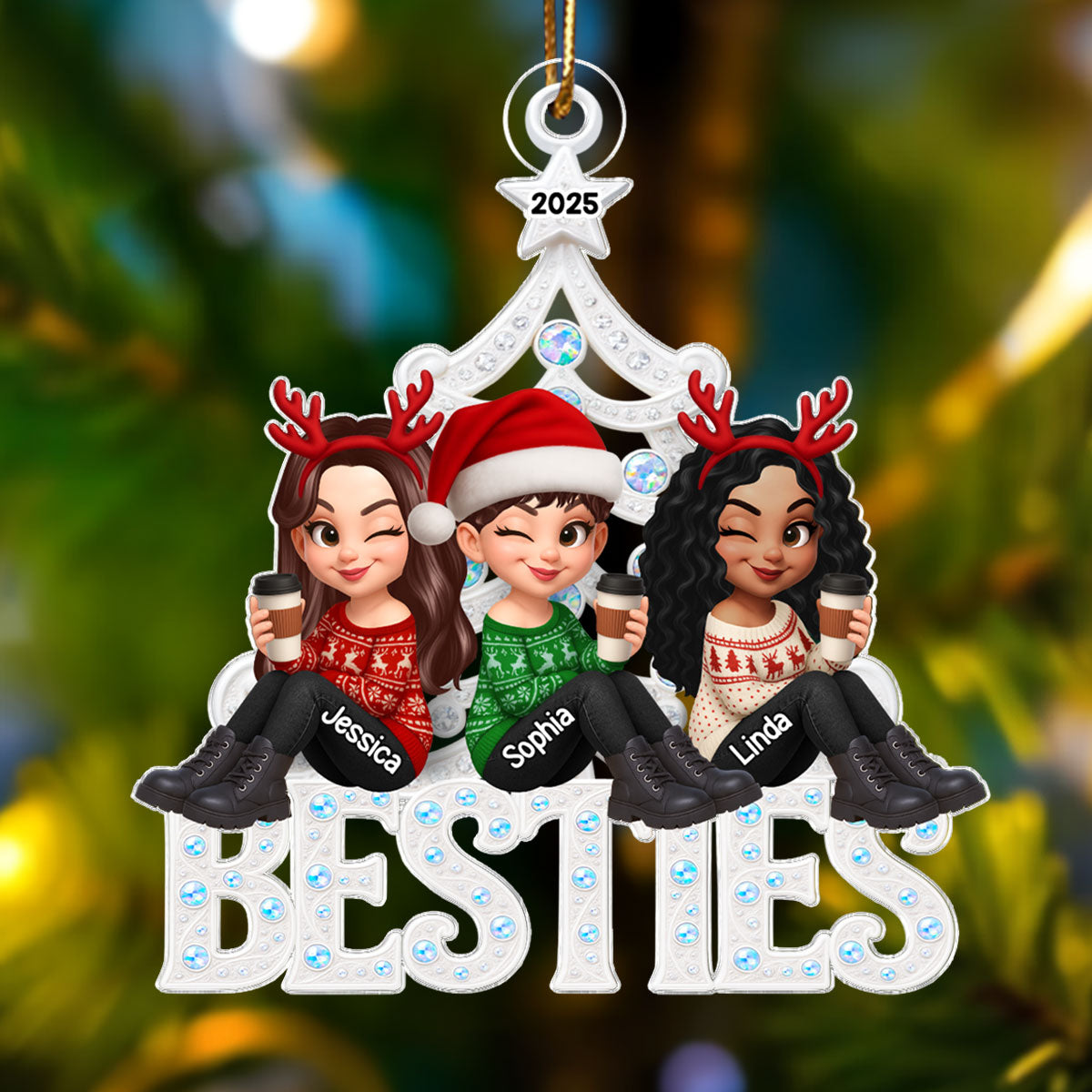 Metal Pattern Christmas Tree Besties - Personalized Acrylic Ornament - Christmas Gift for Besties