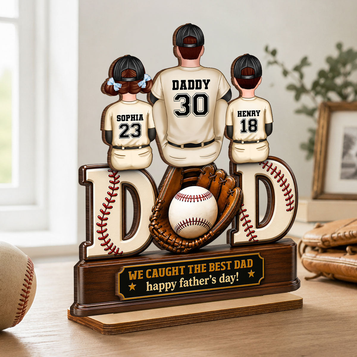 Dad And Children Baseball Gloves - Personalized 2-Layered Wooden Plaque -  Gift for Dad, Husband
