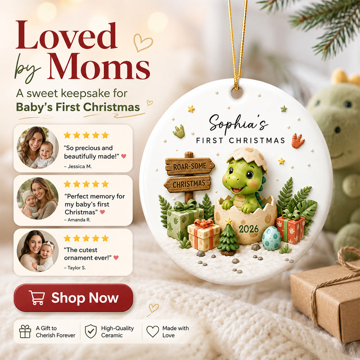 Baby Dinosaur First Christmas 2D Flat - Personalized Ceramic Ornament - Christmas Keepsake