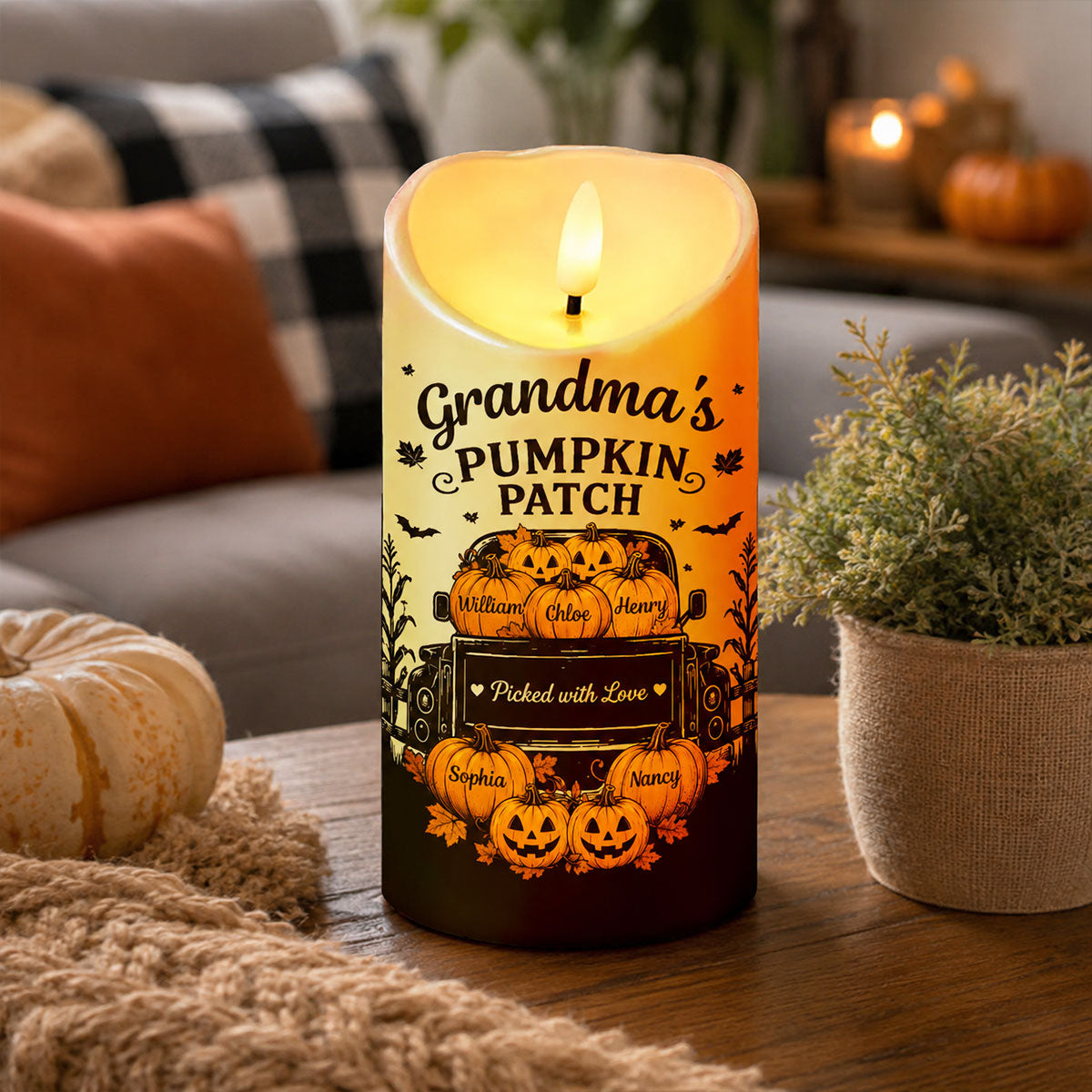 Grandma's Pumpkin Patch Jack-o'-lantern Pumpkins Truck - Personalized LED Candle - Perfect Halloween Decor For Grandma