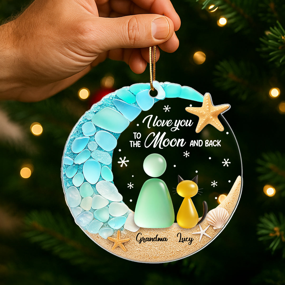 Cat And Owner On The Moon Sea Glass - Personalized Acrylic Ornament - Christmas Gift For Cat Lovers
