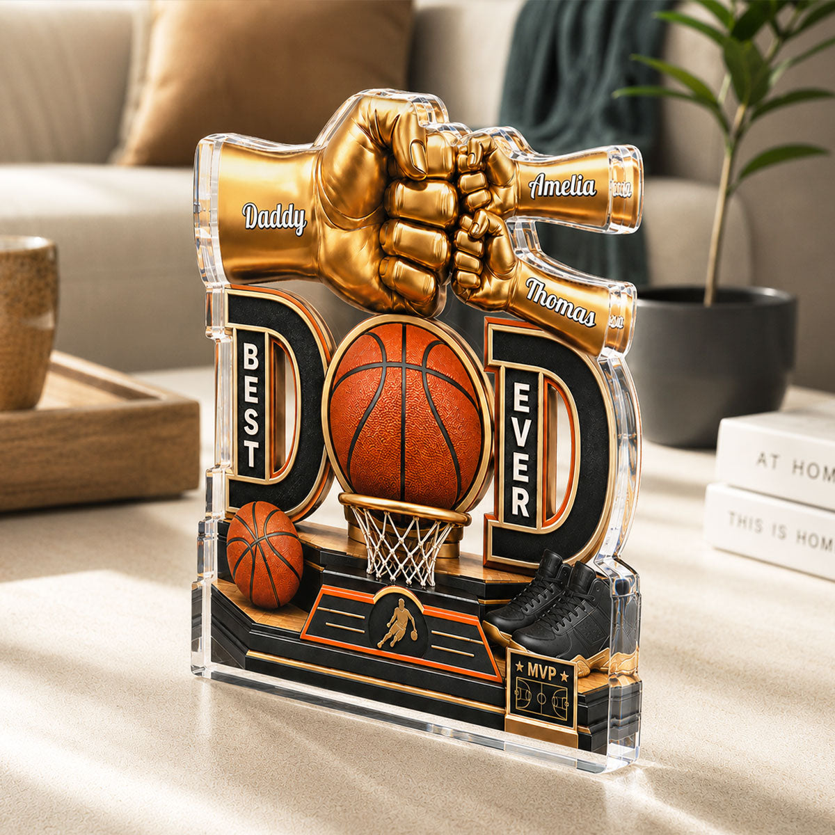 Basketball Dad & Kids Fist Bump - Personalized Acrylic Block Plaque -  Gift For Dad, Husband