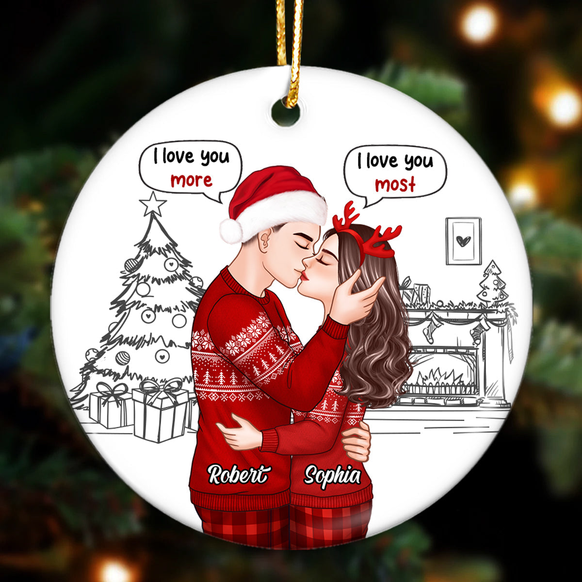 Christmas Outline Romantic Doll Couple Kissing I Love You More Most Personalized Circle Ornament