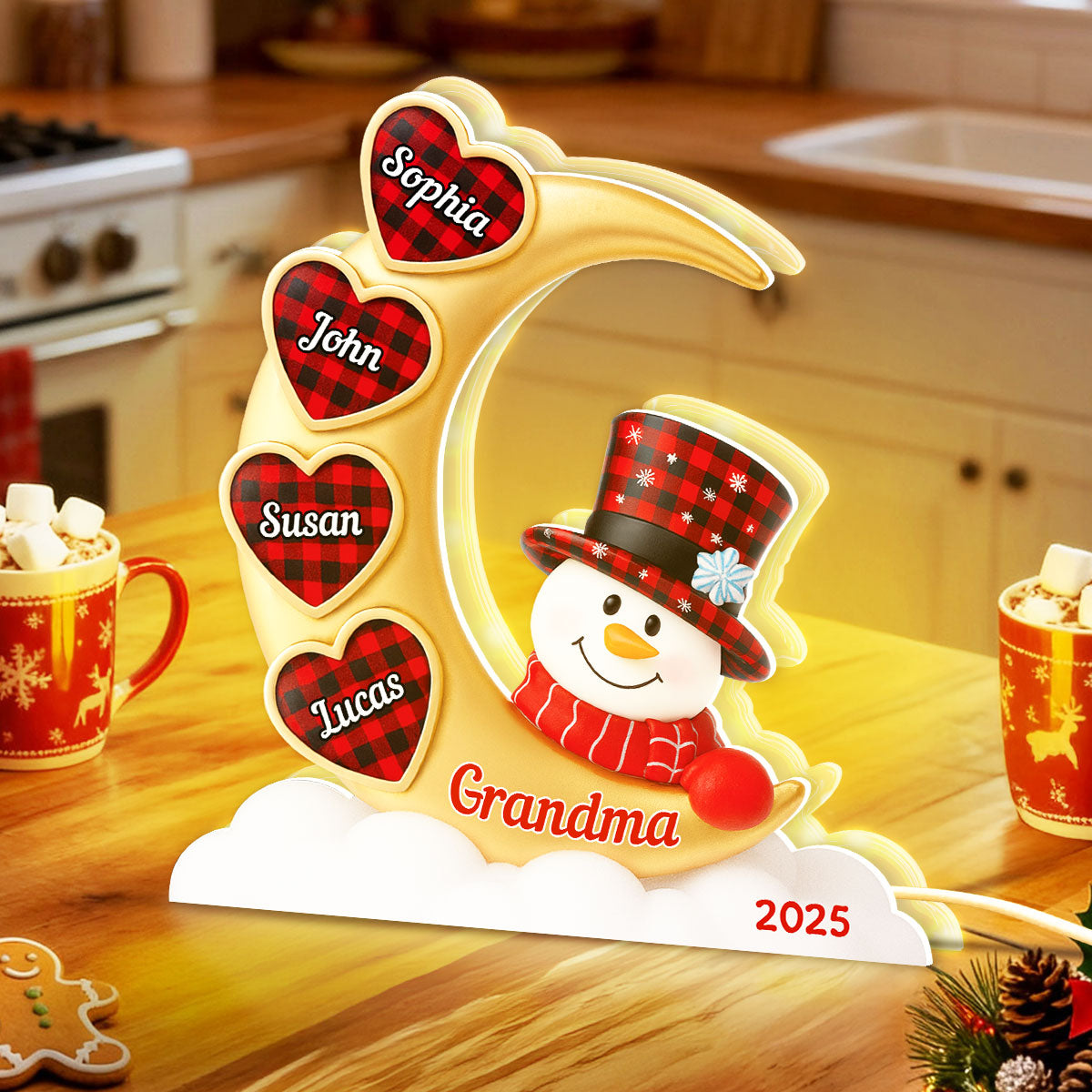 Snowman Grandma And Grandkids On Moon - Personalized Light box - Perfect Christmas Gift for Grandma