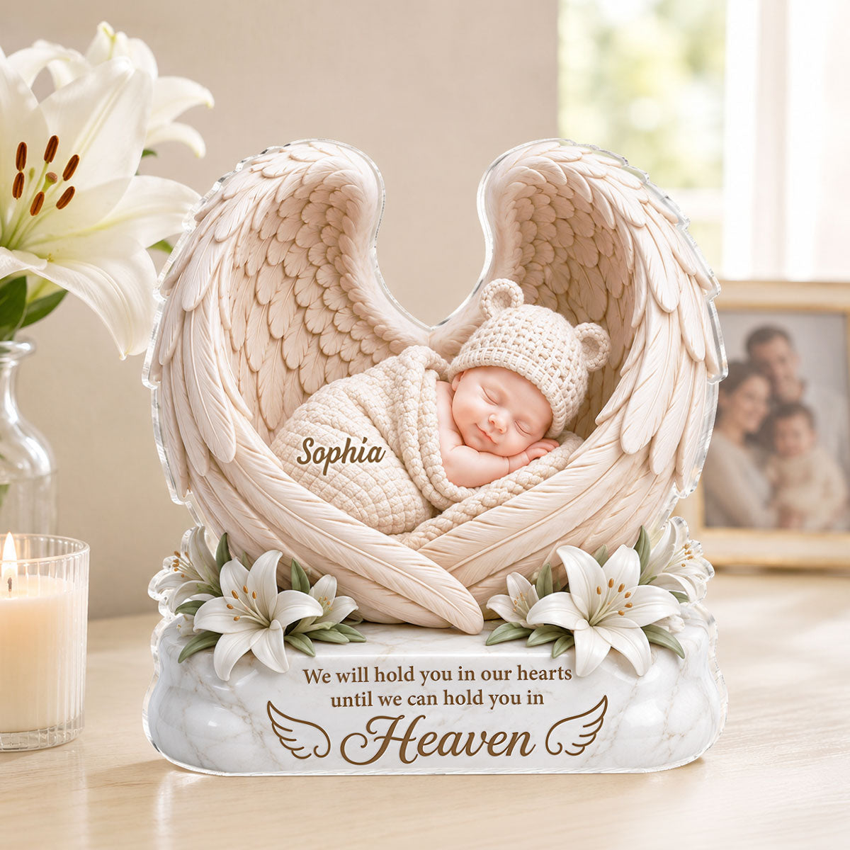 We Will Hold you in Our Hearts - Personalized Acrylic Block Plaque - Custom Infant Loss Gift, Miscarriage Baby Awareness Keepsake