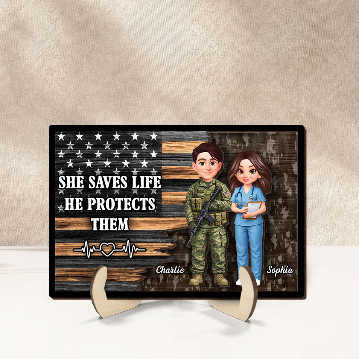 Custom Army Couple Nation Flag - Personalized 2-Layered Wooden Plaque - Heartfelt Gift for Him, for Her