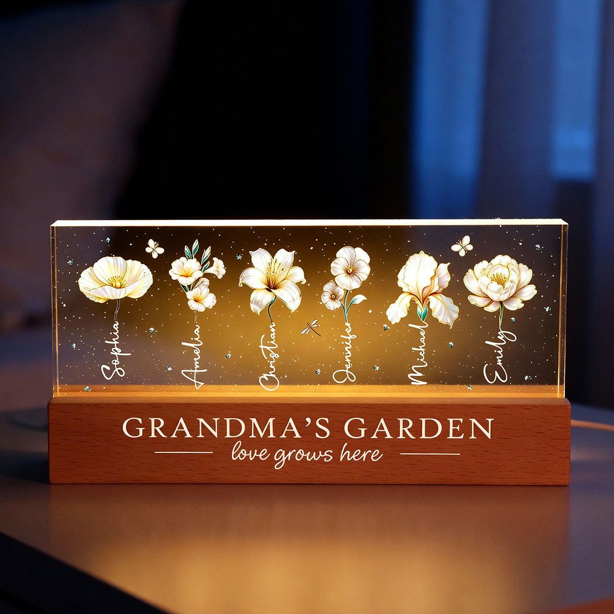 Grandma's Garden 3D Effect Birth Month Flowers - Personalized Acrylic Block LED Night Light - Gift For Grandma