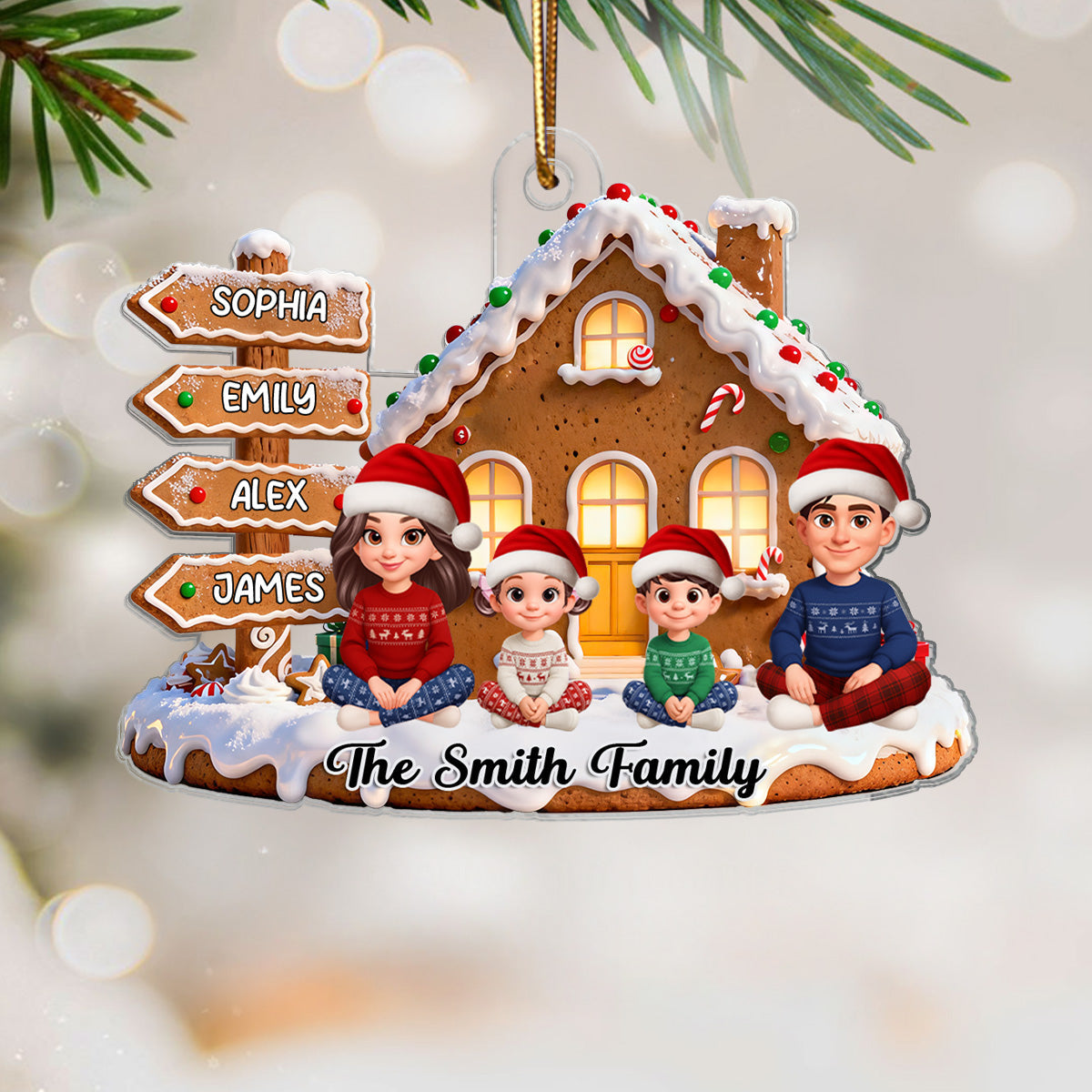 3D Effect Christmas Gingerbread Cake House Beautiful Family Together - Personalized Acrylic Ornament