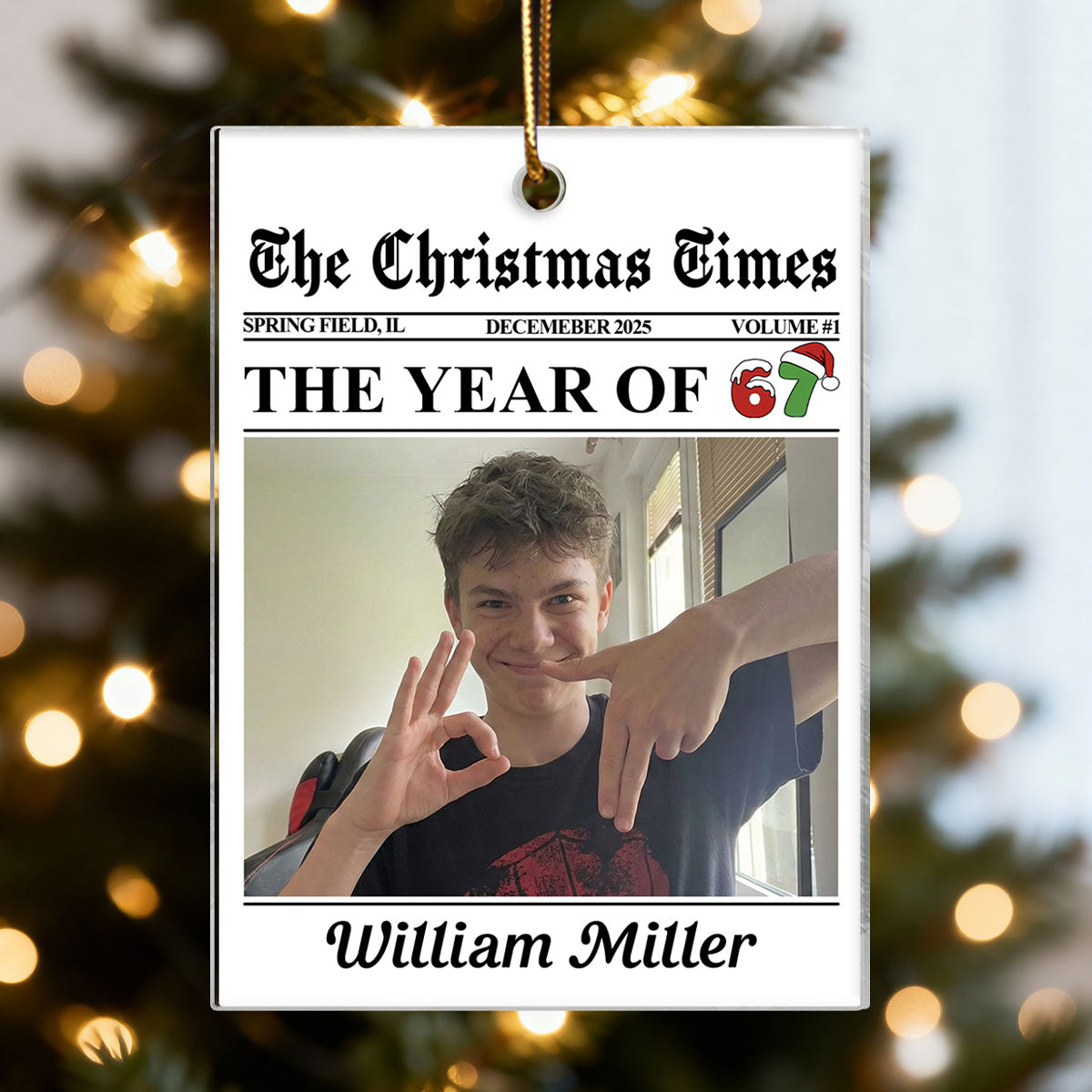 Custom Photo Newspaper Style 2025 Trending Slang Christmas 67 Six Seven - Personalized Acrylic Ornament - Funny Christmas Gift For Teen, Grandkid, Gen Alpha