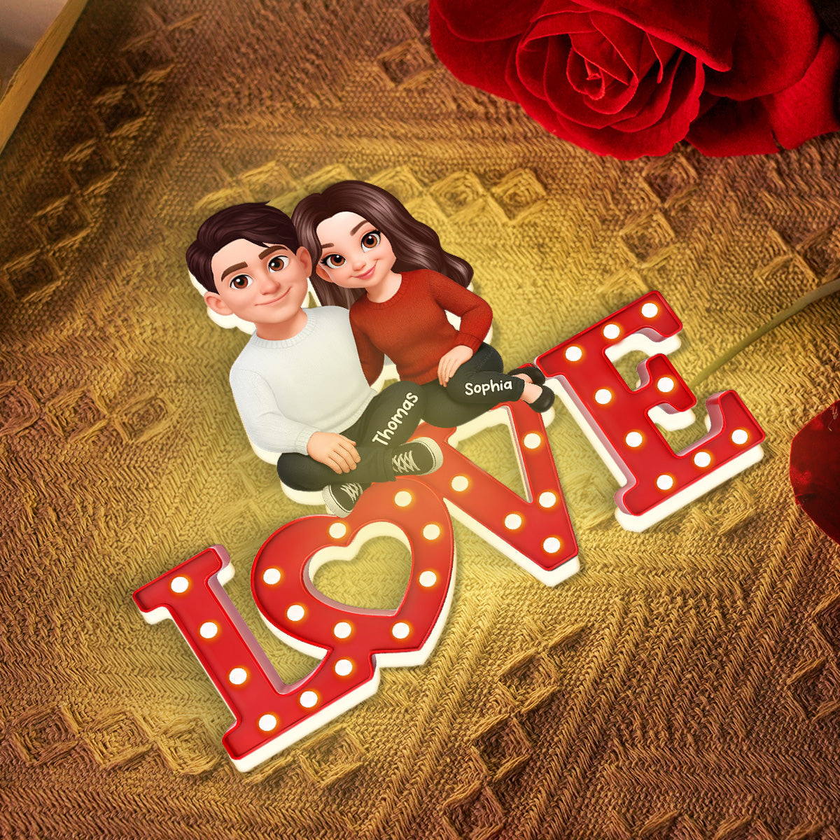 Forever LOVE Couple Sitting Embracing - Personalized Light Box - Valentine's Day Gift For Couple, For Him, For Her