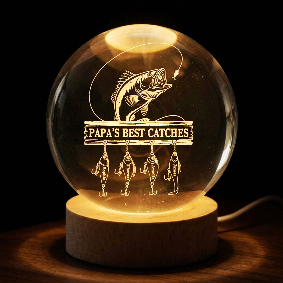 Daddy Grandpa Best Catch Fishing - Personalized Crystal Ball LED Night Light - Heartfelt Gift For Dad, Gift For Grandpa