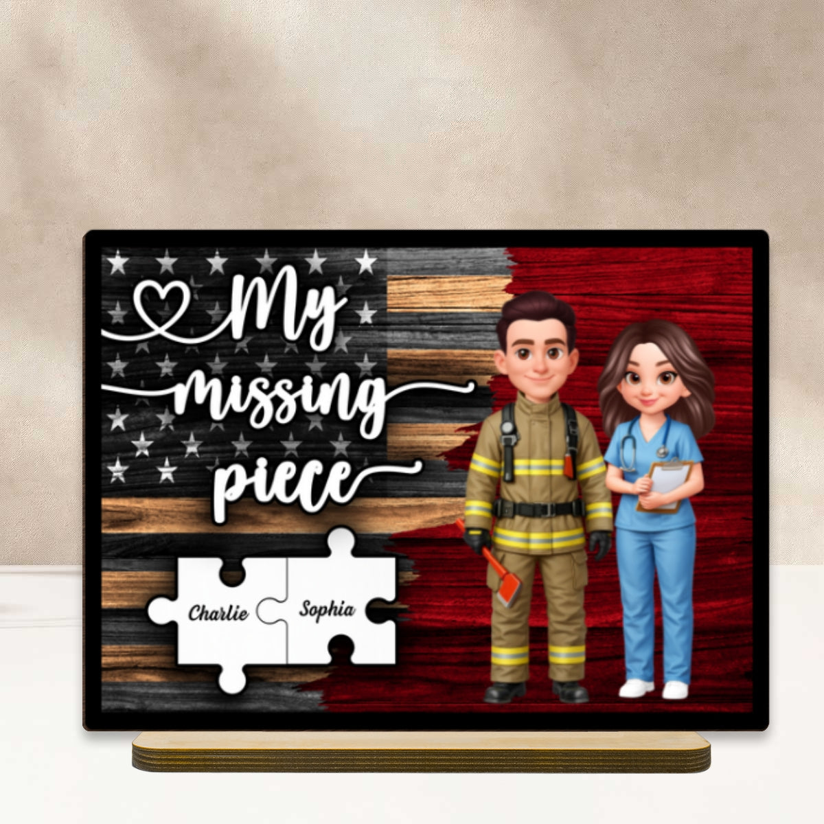 My Missing Piece Couple Occupation Nation Flag - Personalized 2-Layered Wooden Plaque - Heartfelt Gift for Him, for Her