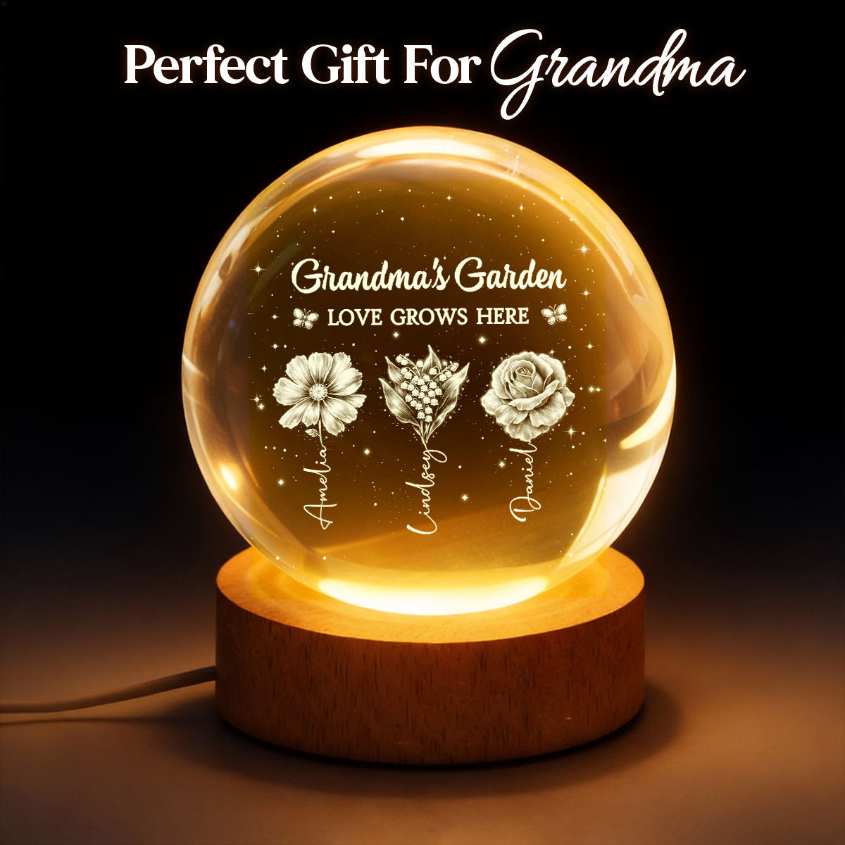 Grandma's Garden Custom Birth Month Flower - Personalized Crystal Ball LED Night Light - Sentimental Gift for Grandma