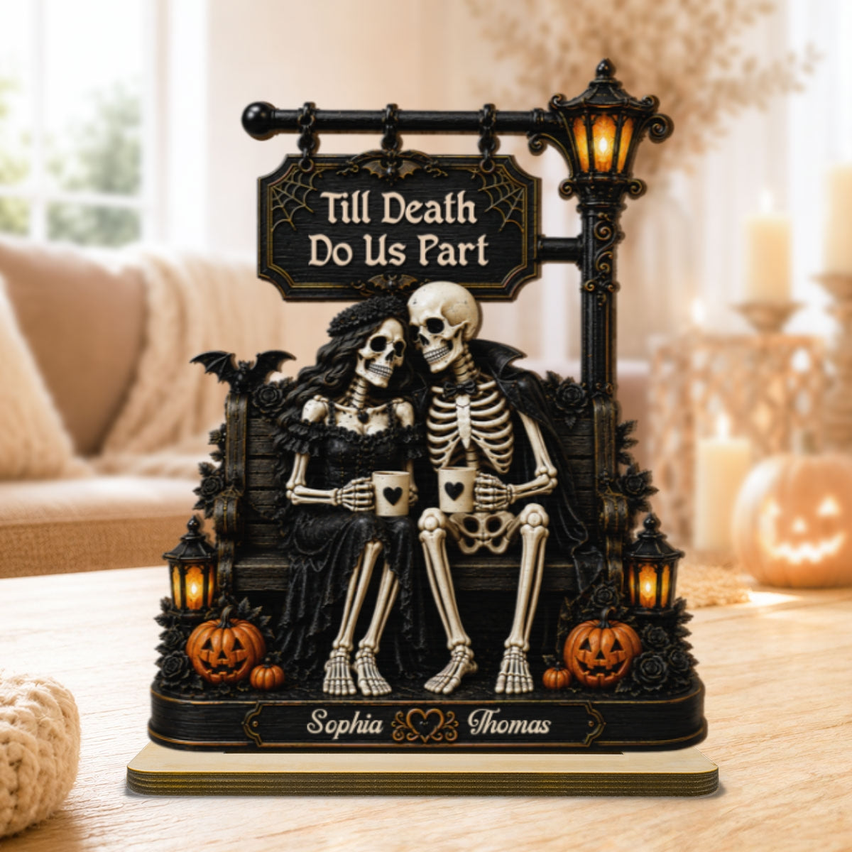 Till Death Do Us Part Skeleton Couple Under Lamp Post 2D Flat - Personalized 2-Layered Wooden Plaque - Halloween Decor For Couple