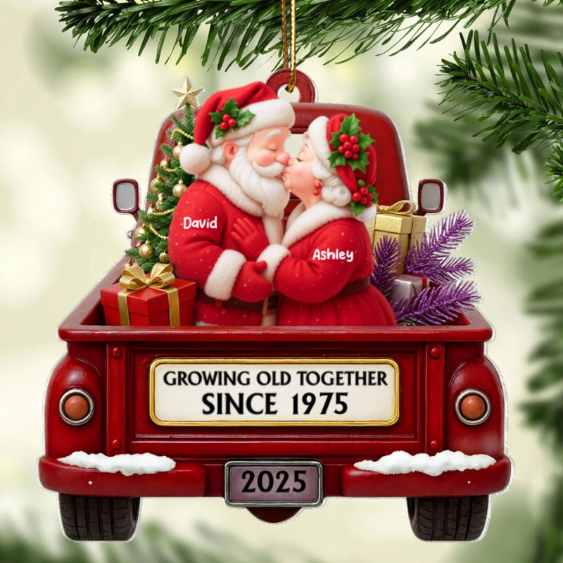 Growing Old Together Santa Couple Red Truck - Personalized Acrylic Ornament - Heartwarming Christmas Gift For Him, For Her, For Couple