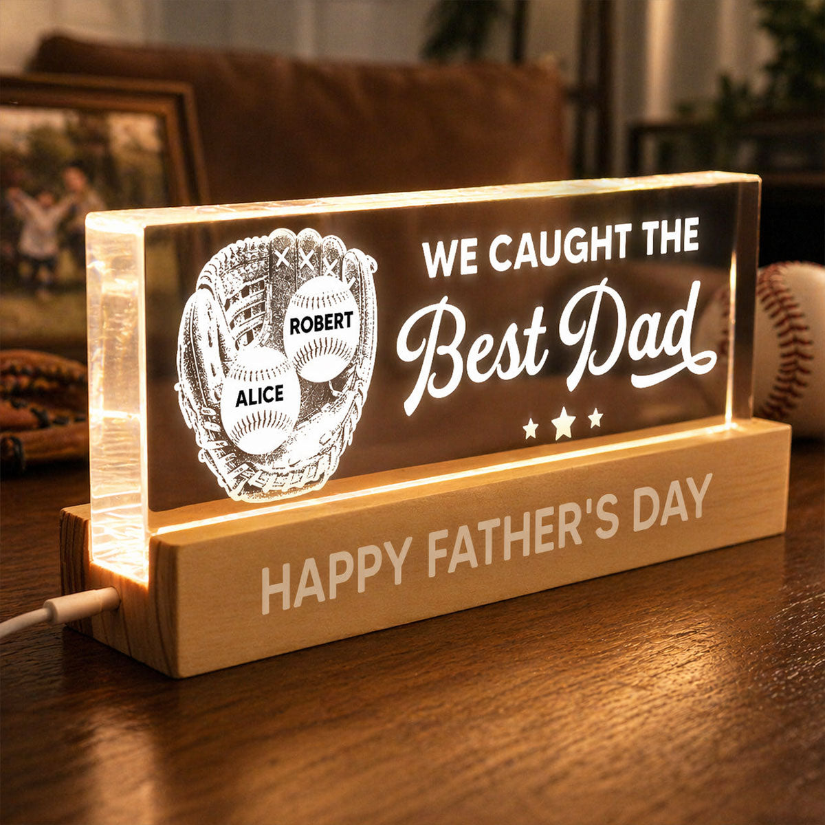 Baseball In Baseball Glove We Caught The Best Dad - Personalized Acrylic Block LED Night Light - Father's Day Gift For Baseball Dad