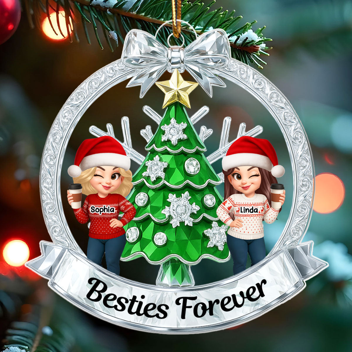Besties on Crystal Effect Wreath - Personalized Acrylic Ornament - Christmas Gift for Besties