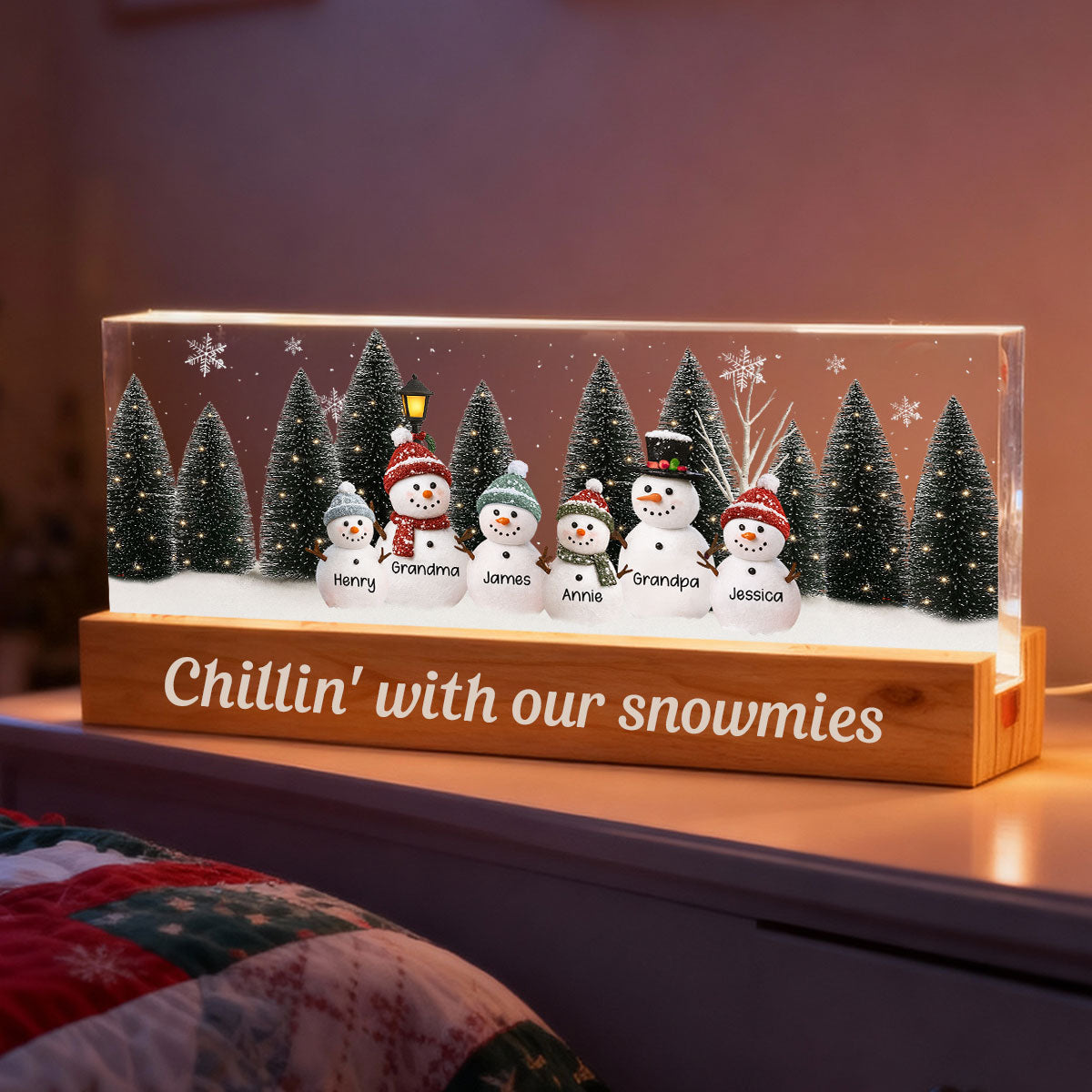 3D Effect Snowman Family Grandparents In Christmas Scene - Personalized Acrylic Block LED Night Light - Christmas Decor For Grandma, Family