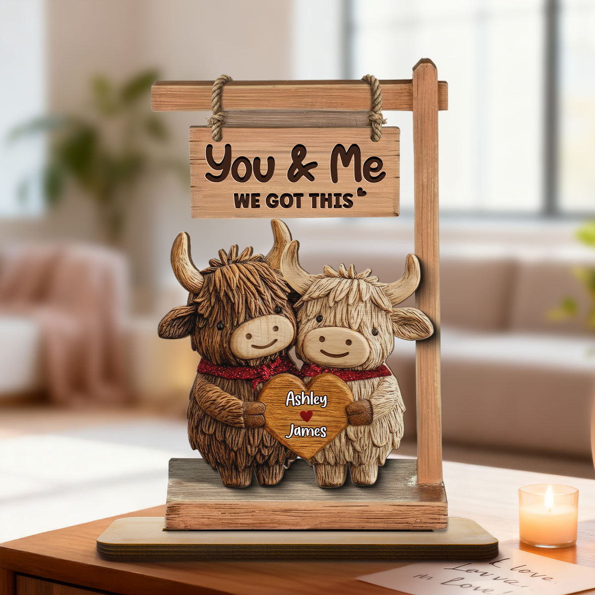 3D Effect Highland Cows Couple - Personalized 2-Layered Wooden Plaque - Perfect Valentine's Day Gift For Him, Gift For Her