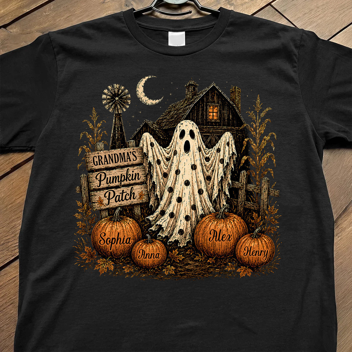 Grandma's Pumpkin Patch Haunted House - Personalized Shirt - Cozy Fall Halloween Tee for Grandma